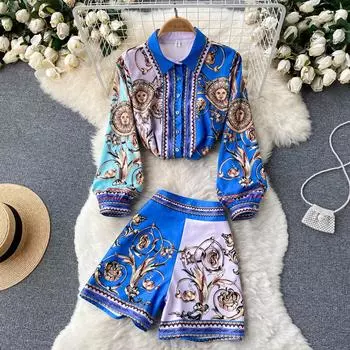 Женская летняя одежда RUGOD в европейском стиле, нишевый дизайн, одинаковый по цвету принт, универсальный костюм из двух предметов в дворцовом стиле, женский костюм