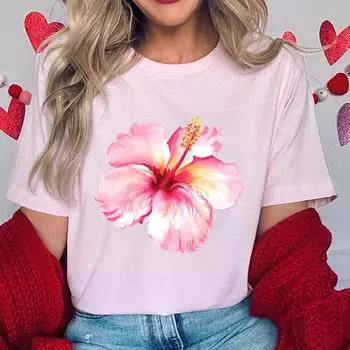 Женская летняя одежда с 3D-принтом Y2K Розовые футболки с цветком гибискуса Летние модные женские футболки с коротким рукавом Розовые повседневные топы S