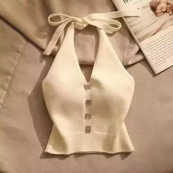 Женская летняя одежда Y2K без рукавов с V-образным вырезом, сексуальные майки, укороченные винтажные классные женские вязаные корейские модные свитера, футболки, уличная одежда S чёрный