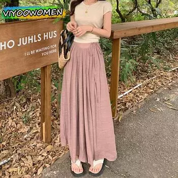 Женская летняя одежда Y2K с высокой талией 2024 года, хлопковая линия, летние широкие мешковатые брюки, платья, элегантные тонкие трапециевидные танцевальные длинные юбки, брюки в корейском стиле для женщин XL чёрный