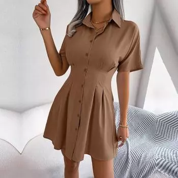 Женская летняя однобортная рубашка с короткими рукавами и высокой талией, однобортные платья трапециевидной формы S хаки