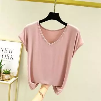 Женская летняя однотонная базовая футболка с v-образным вырезом, свободные футболки из модала, повседневная майка M бежевый