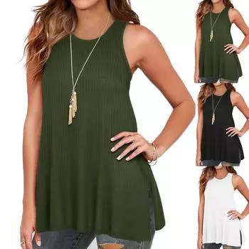 Женская летняя однотонная футболка без рукавов с круглым вырезом на бретелях