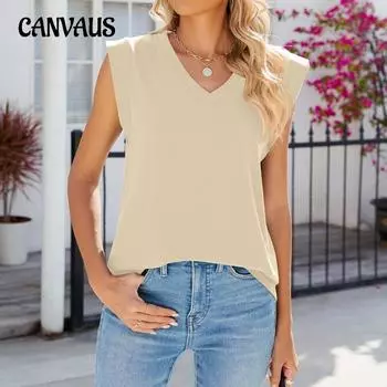 Женская летняя однотонная футболка без рукавов с V-образным вырезом и вращающимся рукавом, свободная майка-топ S чёрный