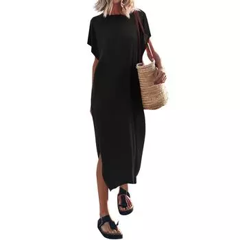 Женская летняя однотонная футболка, длинное платье с круглым вырезом, повседневное свободное платье с разрезом L чёрный