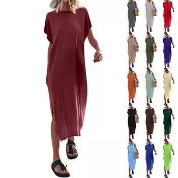Женская летняя однотонная футболка, длинное платье с круглым вырезом, повседневное свободное платье с разрезом L бежевый