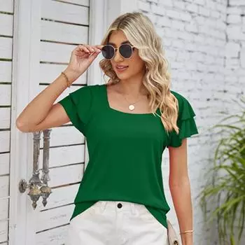 Женская летняя однотонная футболка с квадратным воротником и двойными рукавами-лепестками, свободный топ S белый