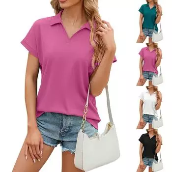 Женская летняя однотонная футболка с V-образным вырезом и короткими рукавами, свободный топ L чёрный