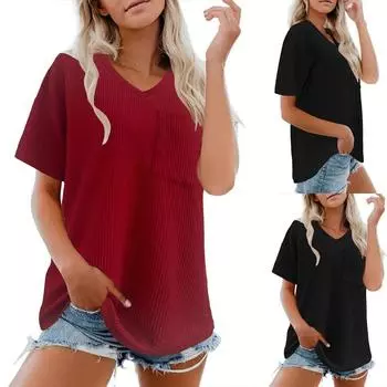 Женская летняя однотонная футболка свободного кроя с V-образным вырезом и короткими рукавами L чёрный