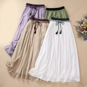 Женская летняя однотонная хлопково-льняная юбка до щиколотки с эластичной резинкой на талии L зелёный