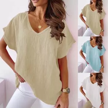 Женская летняя однотонная льняная рубашка с коротким рукавом и v-образным вырезом, футболка, топы