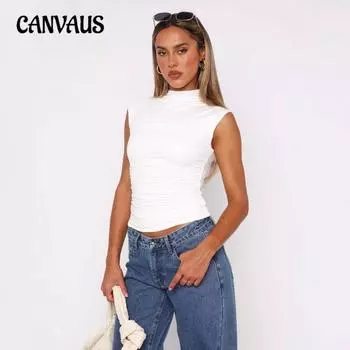 Женская летняя однотонная облегающая майка без рукавов с высоким воротом и принтом «сотня» XS чёрный