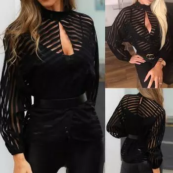 Женская летняя однотонная полосатая повседневная блузка с длинным рукавом и V-образным вырезом, топы M чёрный