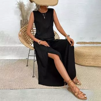 Женская летняя однотонная повседневная футболка без рукавов с круглым вырезом, комплект из двух предметов S чёрный