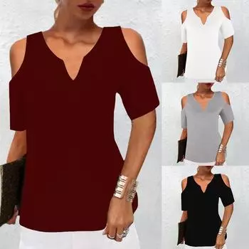 Женская летняя однотонная повседневная свободная блузка с V-образным вырезом и коротким рукавом, модные футболки S белый