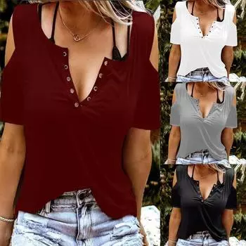 Женская летняя однотонная повседневная свободная блузка с V-образным вырезом и коротким рукавом, модные футболки S белый