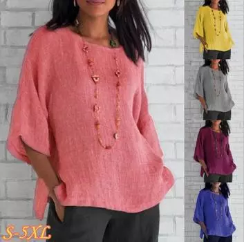 Женская летняя однотонная рубашка из хлопка и льна с круглым вырезом и рукавами три четверти XXXXXL синий