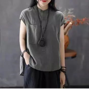 Женская летняя однотонная рубашка из хлопка и льна с короткими рукавами в литературном стиле с воротником-стойкой, простые свободные топы 4XL белый