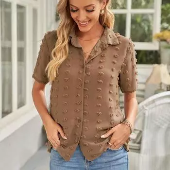 Женская летняя однотонная свободная блузка с коротким рукавом и лацканами, универсальная рубашка, топ S дубильная кора