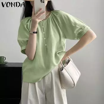 Женская летняя однотонная свободная блузка с круглым вырезом и короткими рукавами