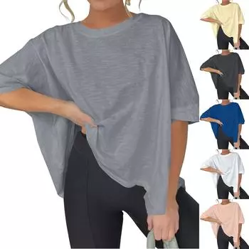 Женская летняя однотонная свободная футболка с круглым вырезом и короткими рукавами S
