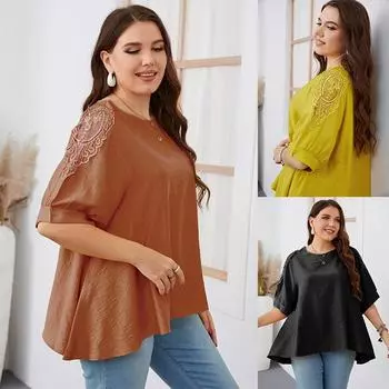 Женская летняя однотонная свободная рубашка с круглым вырезом, рубашка с коротким рукавом и вышивкой, работа, отдых, повседневная дышащая легкая удобная футболка плюс XL чёрный