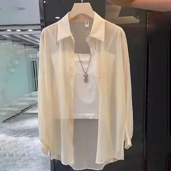 Женская летняя однотонная свободная тонкая рубашка средней длины для поездок на работу в летнее время 3XL белый