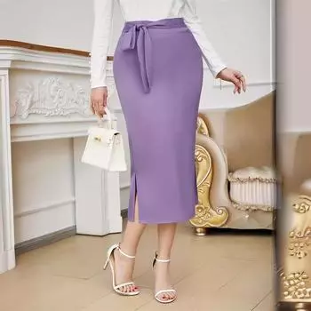 Женская летняя однотонная темпераментная атласная юбка до половины тела с разрезом на бедрах S фиолетовый