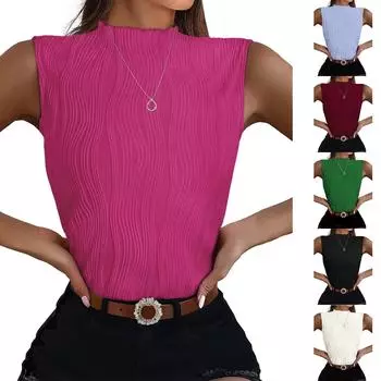 Женская летняя однотонная тонкая футболка без рукавов с половиной высоким воротом