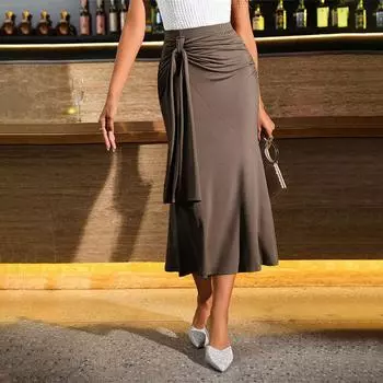 Женская летняя однотонная трикотажная юбка средней длины с плиссированным ремешком и высокой талией «рыбий хвост» S темно-коричневого