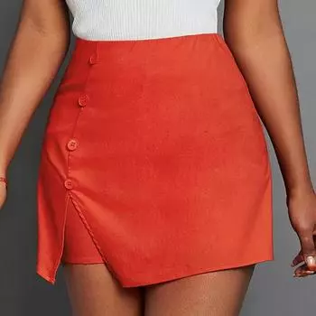 Женская летняя однотонная юбка с разрезом на пуговицах и высокой талией S оранжевый