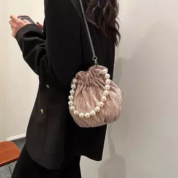 Женская летняя осенняя новая сумка-ведро через плечо с завязками на шнурке, новая корейская мода, сложенная персонализированная ручная цепочка с жемчужными бусинами Mini(Max Length<20cm)