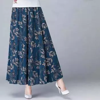 Женская летняя осенняя юбка из ледяного шелка с цветочным принтом, эластичная юбка трапециевидной формы с высокой талией, универсальная повседневная большая длинная юбка большого размера XXXXL синий