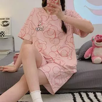 Женская летняя пижама большого размера с коротким рукавом, короткий милый мультяшный комплект, студенческая домашняя одежда, комплект из двух предметов, можно носить на улице, короткий P M