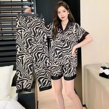 Женская летняя пижама, домашняя одежда, комплект из трех предметов, новая пижама с принтом зебры, женская летняя свободная повседневная пижама с короткими рукавами, домашняя одежда M чёрный