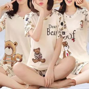 Женская летняя пижама из двух частей с короткими рукавами и круглым вырезом, шорты, домашняя одежда для девочек, свободная тонкая мягкая эластичная студенческая пижама XXL(40-70kg)