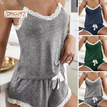 Женская летняя пижама из двух предметов, европейский и американский сексуальный кружевной топ без рукавов мягкого контрастного цвета, свободные шорты с эластичной резинкой на талии, комплект одежды для сна S армия зеленый