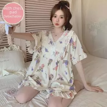 Женская летняя пижама из хлопка-пузырька – симпатичная, с коротким рукавом, с нагрудными подушечками, подходит для больших размеров, удобная домашняя одежда XL