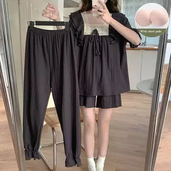 Женская летняя пижама из трех предметов, хлопок с короткими рукавами, высокоэстетичная домашняя одежда для весны и осени, можно носить снаружи M