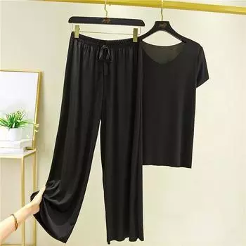 Женская летняя пижама с v-образным вырезом, топ с короткими рукавами + свободные широкие брюки, комплект из двух предметов, тонкий простой однотонный костюм 4XL