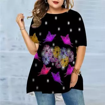 Женская летняя пластиковая футболка с цветочным принтом больших размеров, удобная футболка с короткими рукавами и круглым вырезом, повседневная мешковатая футболка средней длины XS синий