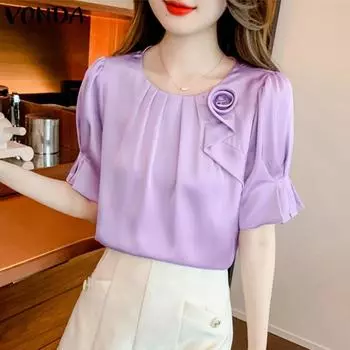 Женская летняя плиссированная блузка с круглым вырезом и короткими рукавами, украшенная розой, однотонная свободная блузка