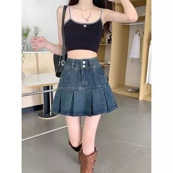 Женская летняя плиссированная джинсовая юбка с завышенной талией большого размера, закрывающая живот для похудения, с короткой юбкой с запахом ягодиц S чёрный