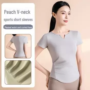 Женская летняя плиссированная футболка с V-образным вырезом для йоги и бега XL