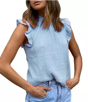 Женская летняя плиссированная однотонная футболка без рукавов с оборками S чёрный