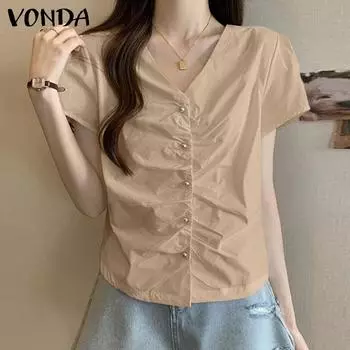 Женская летняя плиссированная однотонная свободная блузка с коротким рукавом и v-образным вырезом на пуговицах