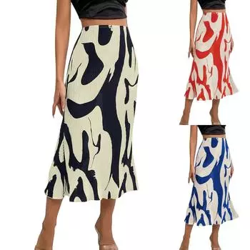 Женская летняя плиссированная повседневная длинная юбка трапециевидной формы с высокой талией и принтом L бежевый