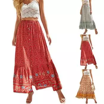 Женская летняя пляжная эластичная юбка макси с высокой талией и цветочным принтом в стиле бохо M зелёный