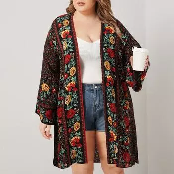 Женская летняя пляжная накидка с длинным рукавом и цветочным принтом, кардиган, блузка S чёрный