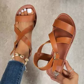 Женская летняя пляжная обувь, однотонные сандалии на плоской подошве с круглым носком 36 светло-коричневого